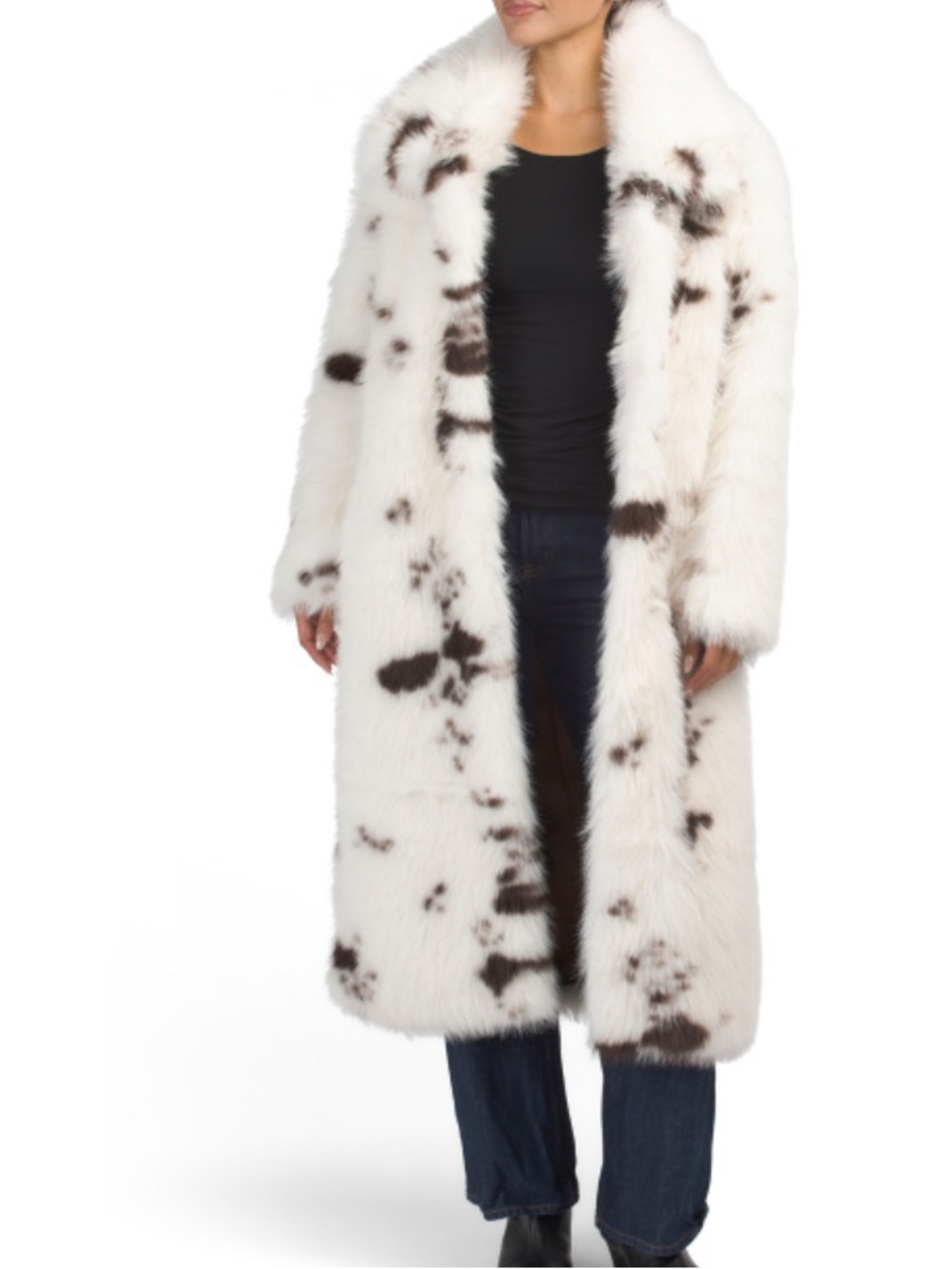 NVLT Long White Faux Fur Coat with Brown Spots